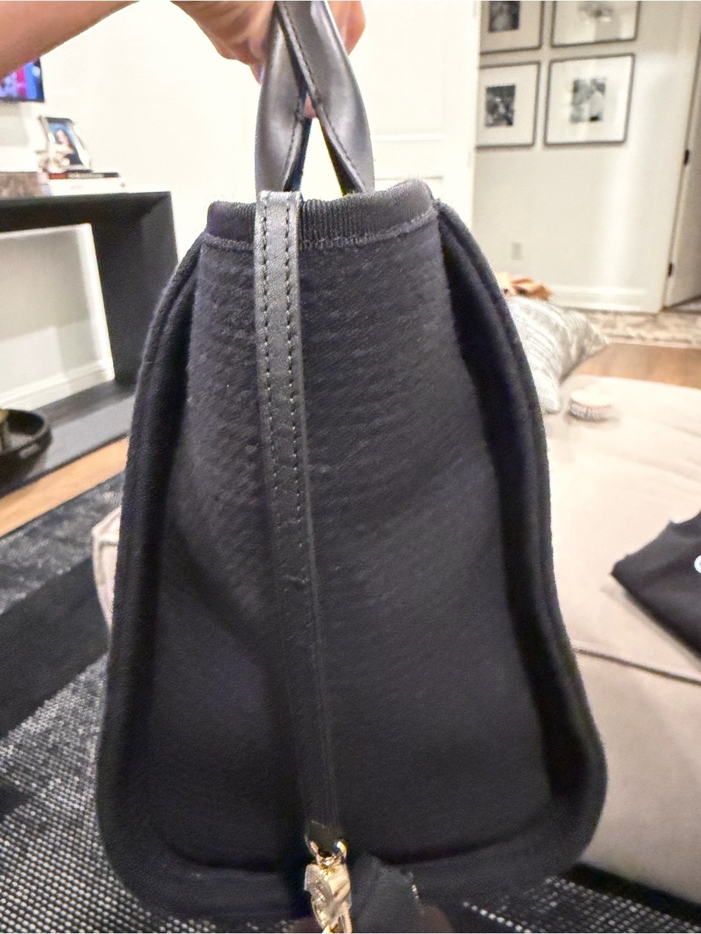 CHANEL Black Canvas Tote with Leather Handles and Gold Chain Accents - Picture 8 of 14